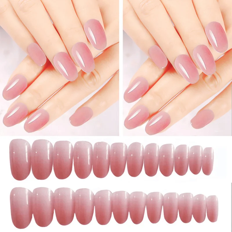 

Girls Candy Pink Color False Nails Women Nature Nude Jelly Fake Nail Short Round Head Full Cover Nail Art Tips with Glue 24pcs