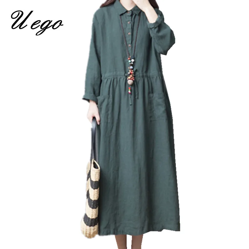 Uego 2019 New Arrival Long Sleeve Spring Dress Turn-down Collar Button Soft Cotton Linen Shirt Dress Women Casual Midi Dress
Uego 2019 New Arrival Long Sleeve Spring Dress Turn-down Collar Button Soft Cotton Linen Shirt Dress Women Casual Midi Dress