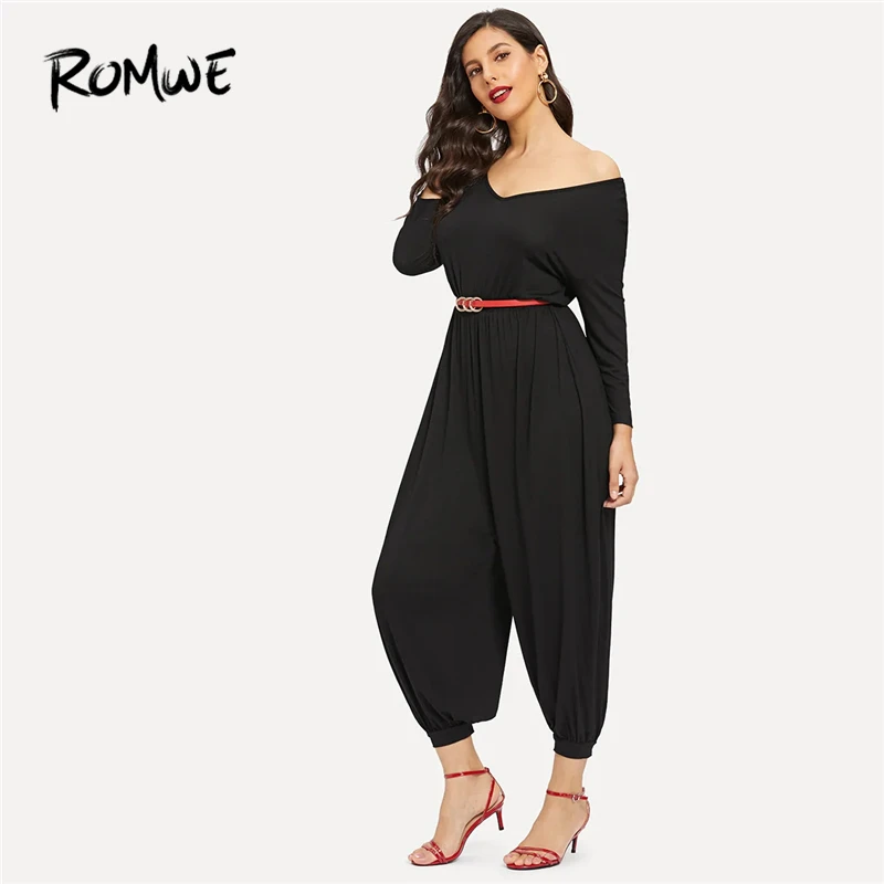 ROMWE Black Solid Cutout Back Harem Jumpsuit With Belt Women 2019 Casual V neck Long Sleeve Mid Waist Tapered Carrot Jumpsuit
ROMWE Black Solid Cutout Back Harem Jumpsuit With Belt Women 2019 Casual V neck Long Sleeve Mid Waist Tapered Carrot Jumpsuit