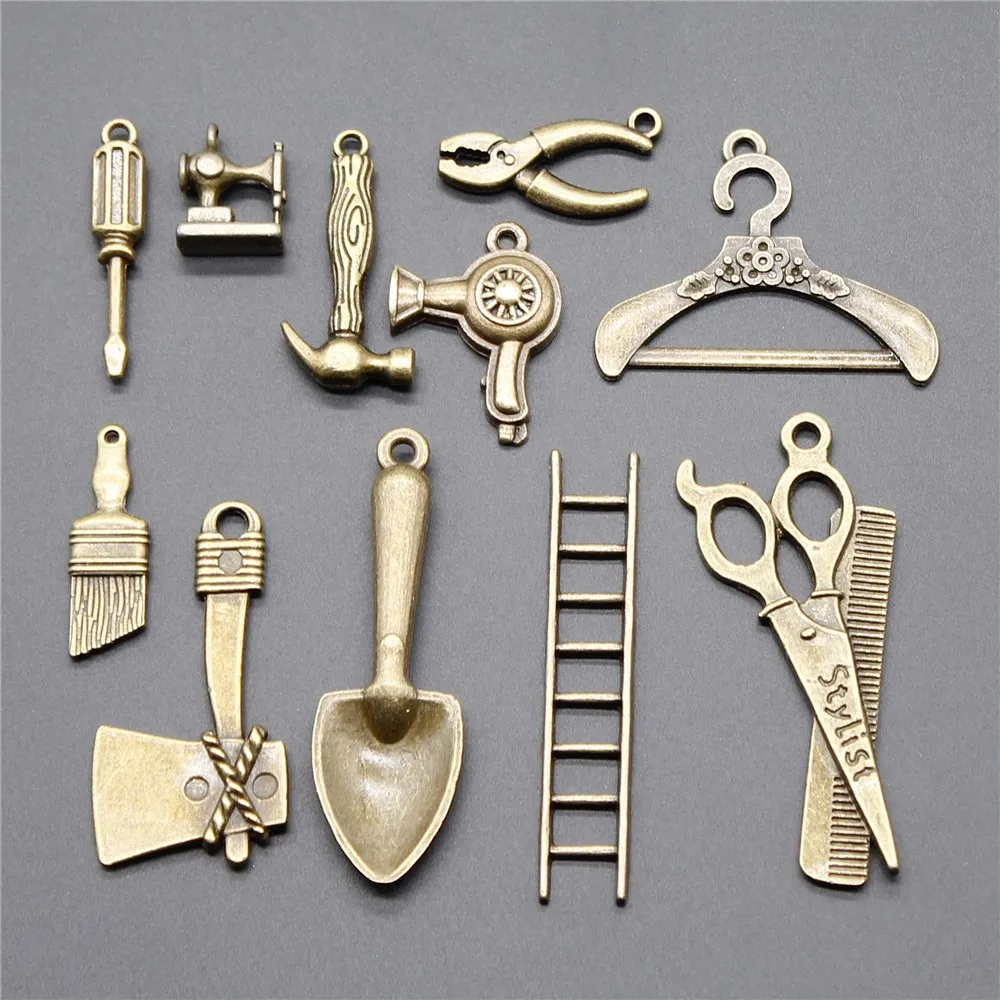 

10pcs Tools Charms Jewelry Accessories Antique Bronze Color Ladder Scissors Brush Vise Screwdriver Hammer Ax Charm