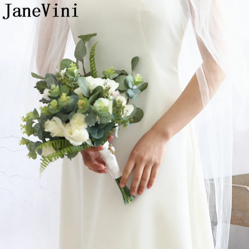 

JaneVini Vintage White Rose Bride Flowers Artificial Green Leaves Wedding Bouquet Brooches Bridal Handle Bridemaid Bouquet 2019