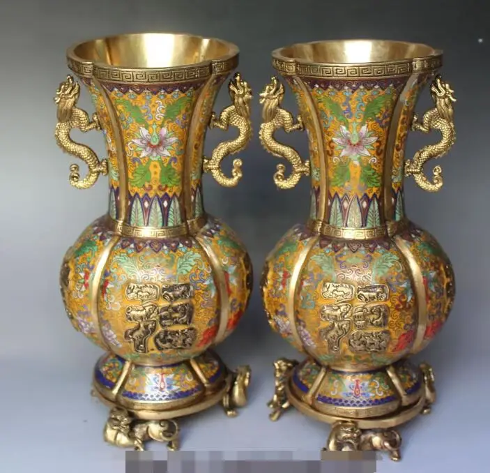 S01417 12" Royal Chinese Cloisonne Enamel Bronze Gilt Dragon Beast Vase Pot Statue Pair (B0413)
S01417 12" Royal Chinese Cloisonne Enamel Bronze Gilt Dragon Beast Vase Pot Statue Pair (B0413)