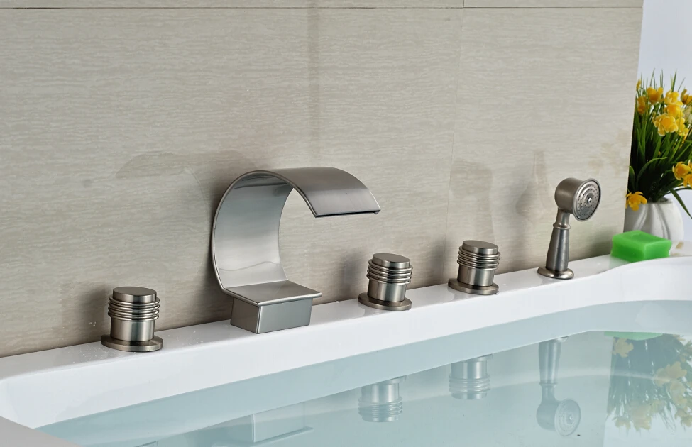 Waterfall Spout Bathroom Tub Faucet 5pcs with Handheld Spray Brushed Nickel