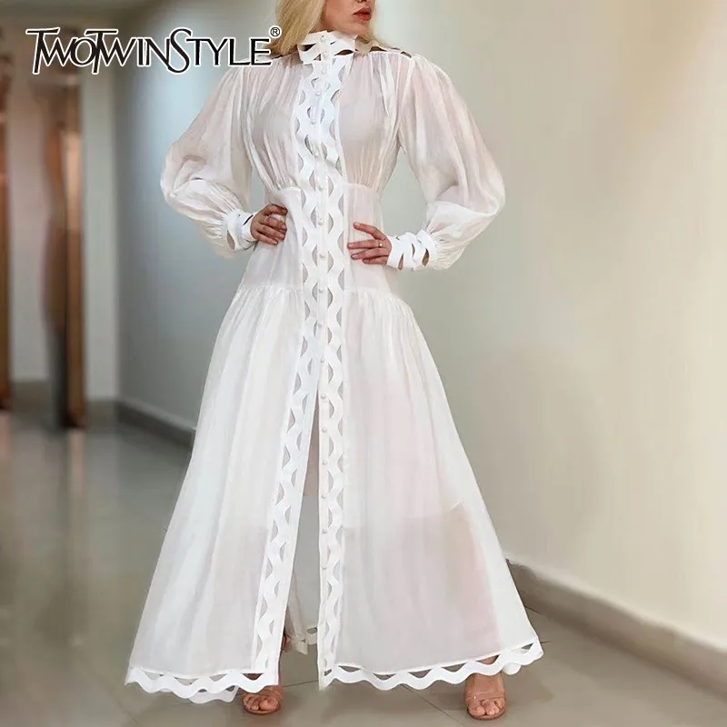 TWOTWINSTYLE Hollow Out Dress For Women Stand Collar Lantern Sleeve High Waist Dresses Female Casual Summer 2019 Fashion
TWOTWINSTYLE Hollow Out Dress For Women Stand Collar Lantern Sleeve High Waist Dresses Female Casual Summer 2019 Fashion
