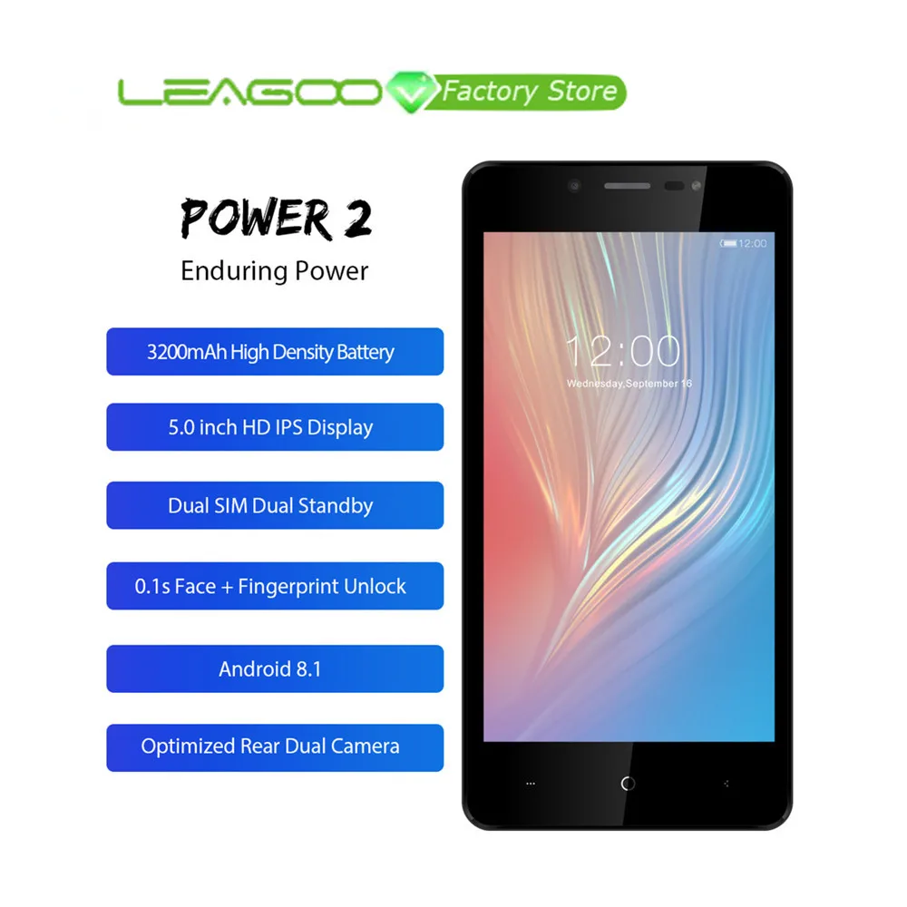 

Leagoo Power 2 Smartphone Android 8.1 RAM 2GB ROM 16GM Dual SIM GSM WCDMA 5.0" HD IPS Screen Cellphone Quad Core Mobile Phone