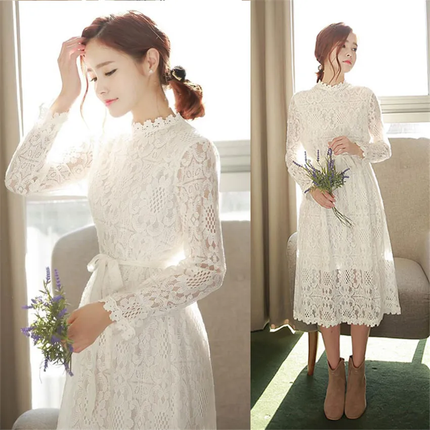 New Autumn Women Long Sleeve Lace Dress Winter Add Velvet Dresses Elegant Lady Long White Sashes Dress Vestidos Bottomings WZ455 
New Autumn Women Long Sleeve Lace Dress Winter Add Velvet Dresses Elegant Lady Long White Sashes Dress Vestidos Bottomings WZ455