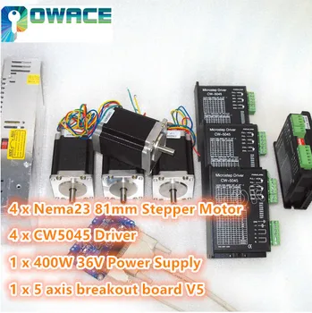 4 Axis Nema23 81mm Stepper Motor Controller Kit 3A 308 oz-in & CW5045 Driver 256 microstep 4.5A&400W 36V Power supply&V5 Board
4 Axis Nema23 81mm Stepper Motor Controller Kit 3A 308 oz-in & CW5045 Driver 256 microstep 4.5A&400W 36V Power supply&V5 Board