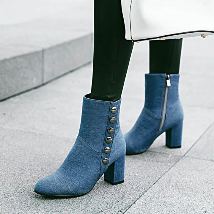 New Women Boots Plus Size 34-43 Women Fashion Shoes Autumn Winter Denim Thick Heel Ankle Boots Casual Shoes Woman Zip High Heels (7)
