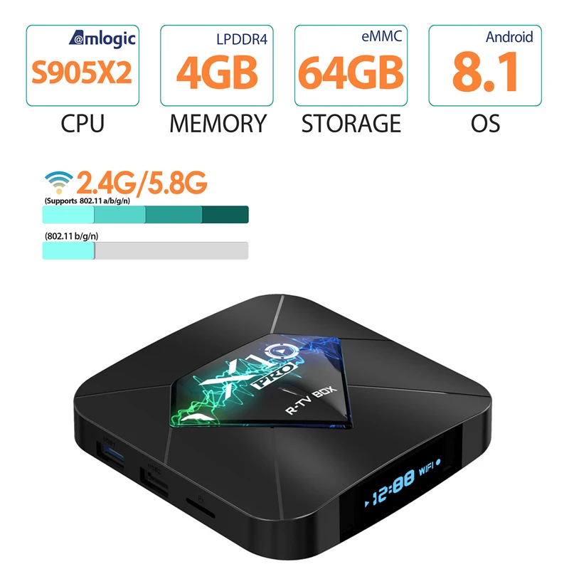 X10 PRO Smart TV Box Android 8.1 DDR4 4GB RAM 64GB ROM Amlogic S905X2 Quad Core Smart Set Top Box 2.4G 5G WiFi HD Media Player
X10 PRO Smart TV Box Android 8.1 DDR4 4GB RAM 64GB ROM Amlogic S905X2 Quad Core Smart Set Top Box 2.4G 5G WiFi HD Media Player