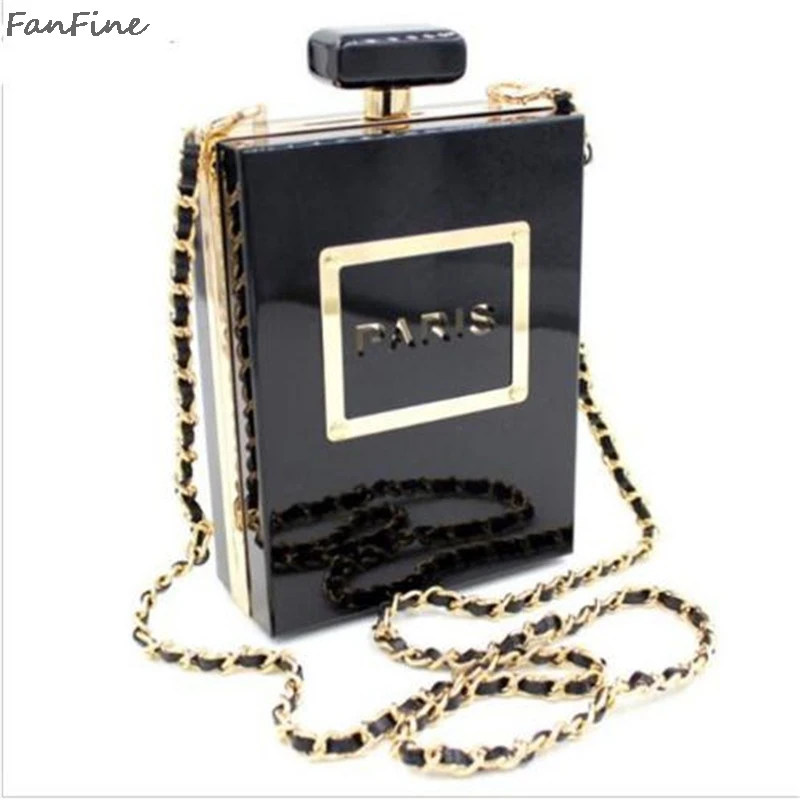 

new Brand hot sales Women Crossbody Bags Perfume Bottle Shoulder Chain Bag Black Paris Acrylic Clutch Purse ladies bag