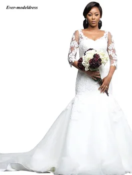 2019 Mermaid African Wedding Dresses 3/4 Long Sleeve Appliques Sweep Train White Robe De Mariee Bride Gowns Plus Size Customized
2019 Mermaid African Wedding Dresses 3/4 Long Sleeve Appliques Sweep Train White Robe De Mariee Bride Gowns Plus Size Customized