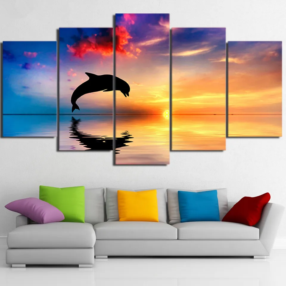 HD-Printed-Ocean-sunset-dolphin-picture-Painting-wall-art-room-decor-print-poster-picture-canvas-Free