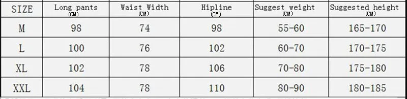 Mens Sweatpants Size Chart