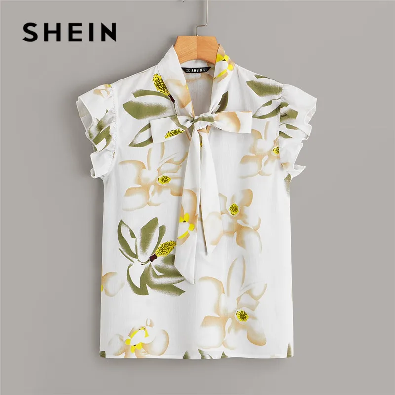 

SHEIN Tie Neck Ruffle Armhole Floral Womens Tops And Blouses Summer Casual Sleeveless Stand Collar White Blouse Office Lady Tops