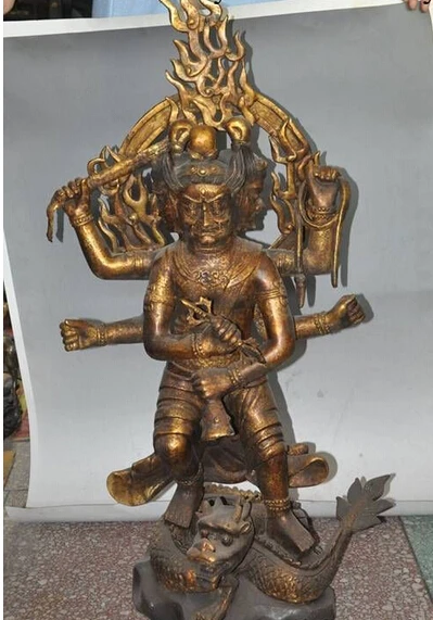 bi003862 37"china tibet buddhism bronze gilt 3 head 6 arms buddha god stand dragon statue
bi003862 37"china tibet buddhism bronze gilt 3 head 6 arms buddha god stand dragon statue