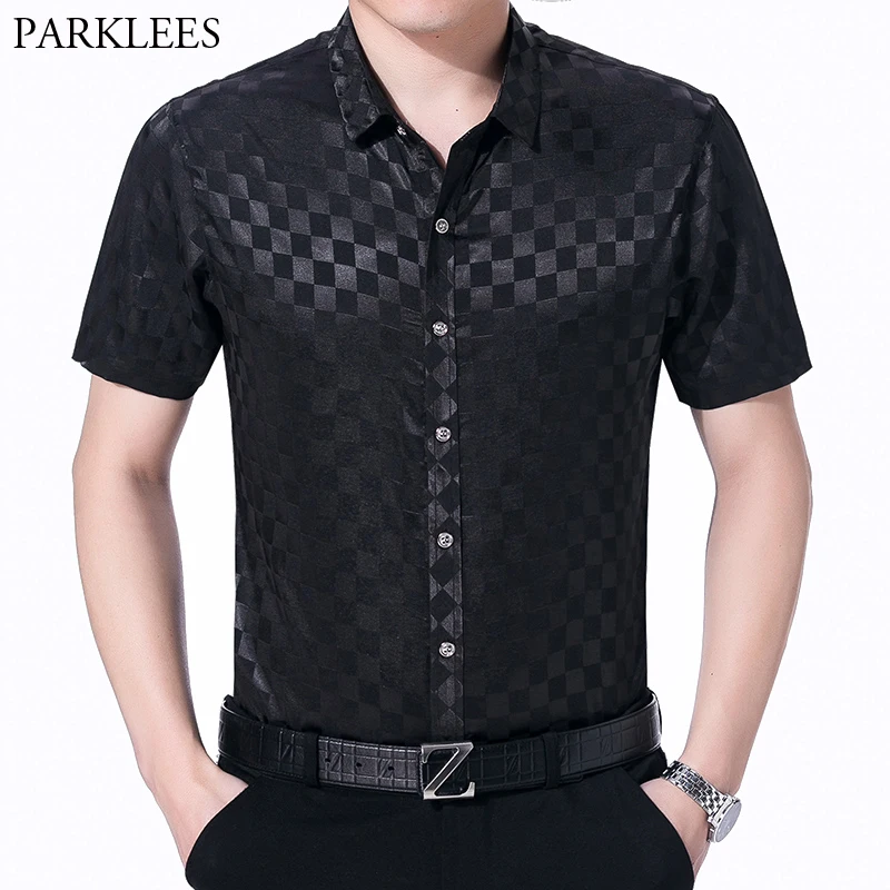 Plaid Jacquard Silk Satin Dress Shirt Men 2019 Brand New Slim Fit Short Sleeve Mens Dress Shirts Party Casual Male Social Shirt
Plaid Jacquard Silk Satin Dress Shirt Men 2019 Brand New Slim Fit Short Sleeve Mens Dress Shirts Party Casual Male Social Shirt