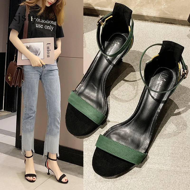 

kjstyrka classic flock dress pary shoes buckle Women Sandals high quality mixed colors 6.5cm stiletto heels sandalia feminina