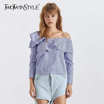 

TWOTWINSTYLE 2020 Summer Sexy Off Shoulder Skew Collar Women Shirt Ruffle Long Sleeves Striped Blouse Top Female Fashion New