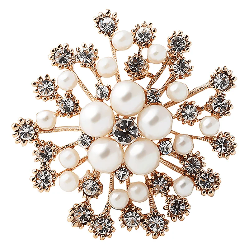 Pearl Metal Pins Brooches Snow Flower CZ Famous Woman Imitates Brooch Pin Korean Cardigan Fashion Shawl Button | Украшения и