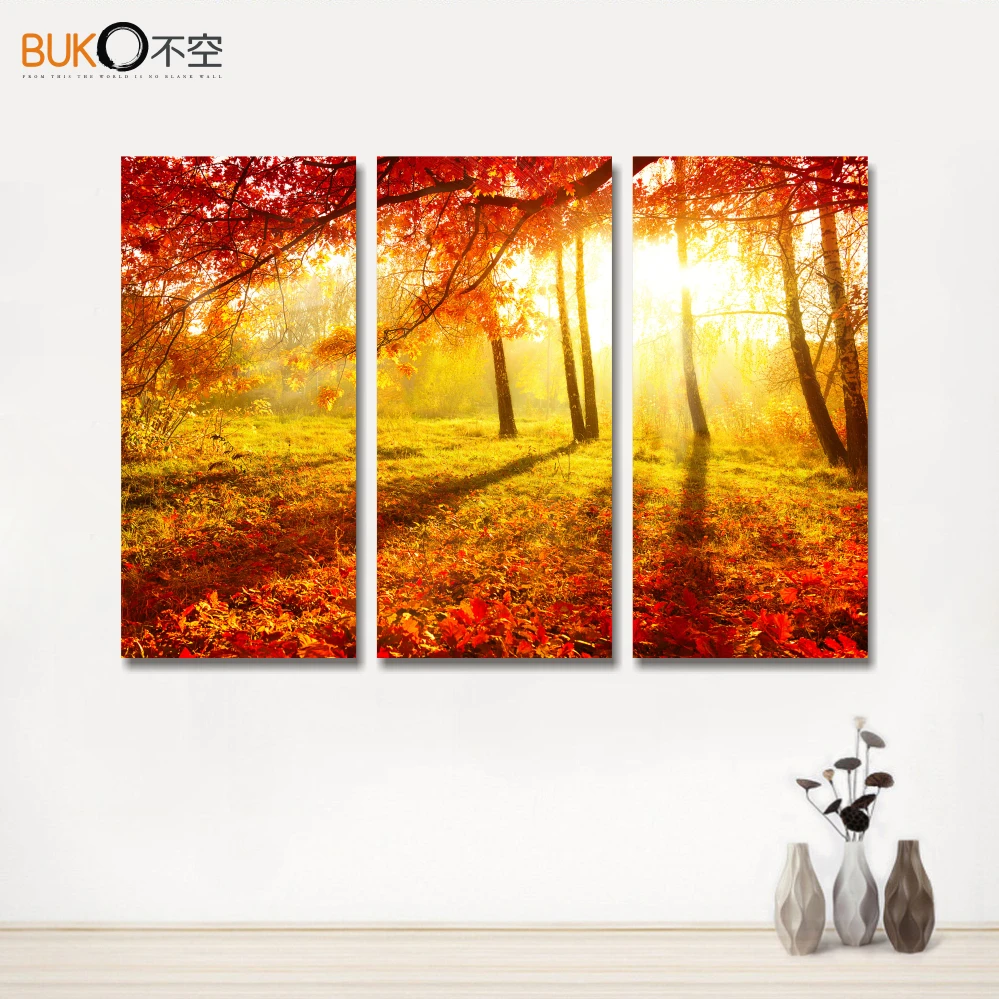 Image triptych canvas painting art waterproof high definition picture print Golden Sunset  forest landscape living room image