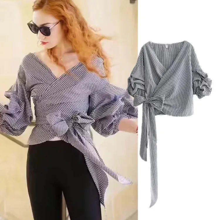 New women V neck bow tie plaid shirt oversize puff sleeve blouse with belt ladies sexy elegant casual tops blusas shirts
New women V neck bow tie plaid shirt oversize puff sleeve blouse with belt ladies sexy elegant casual tops blusas shirts