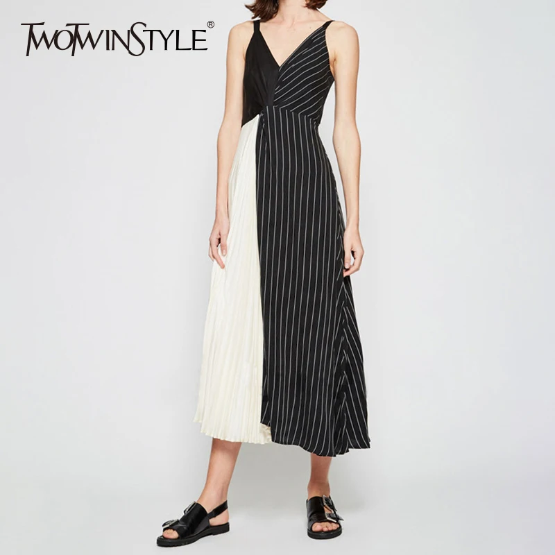 TWOTWINSTYLE Spaghetti Strap Dress For Women Striped Chiffon Patchowork V Neck Backless Tunic Pleated Long Dresses Sexy Summer
TWOTWINSTYLE Spaghetti Strap Dress For Women Striped Chiffon Patchowork V Neck Backless Tunic Pleated Long Dresses Sexy Summer