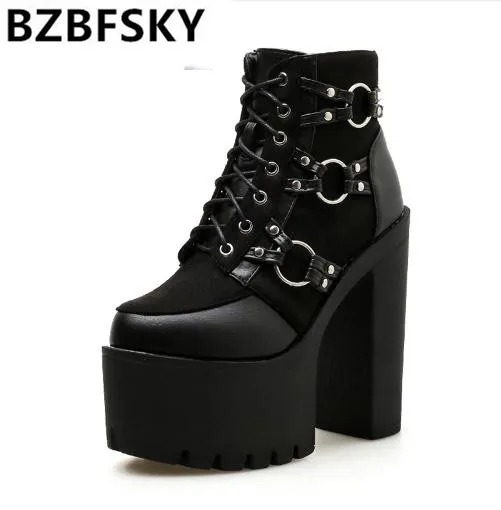 

BZBFSKY 2019 New Fashion Motorcycle Boots Women Platform Heels Casual Shoes Lacing Round Toe Shoes Ladies Autumn Boots Black