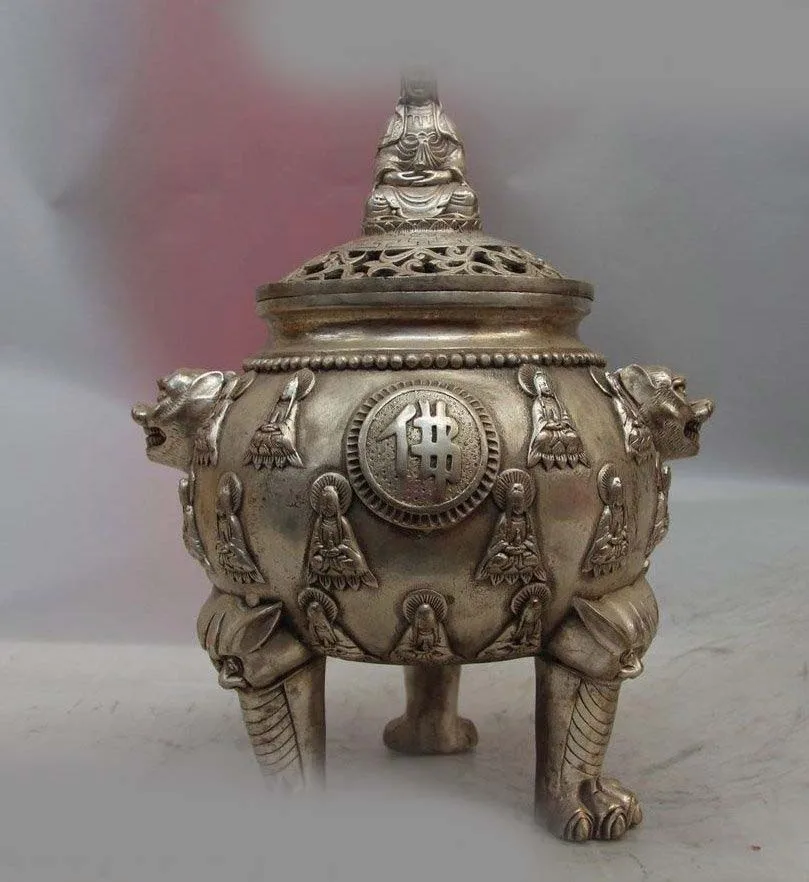China Buddhism Tibet Silver Kwan-yin Guanyin Buddha Incense Burner Censer Statue
China Buddhism Tibet Silver Kwan-yin Guanyin Buddha Incense Burner Censer Statue