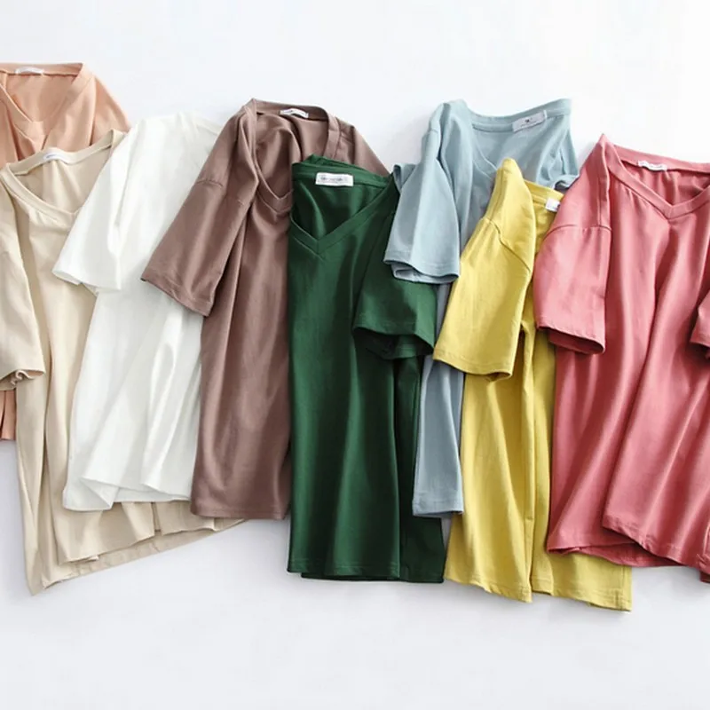 Casual Cotton T-shirts Summer Short Sleeve Tee For Women V-neck Solid Color Brief Tshirts Female Loose Bottoming Tops 9 | Женская одежда