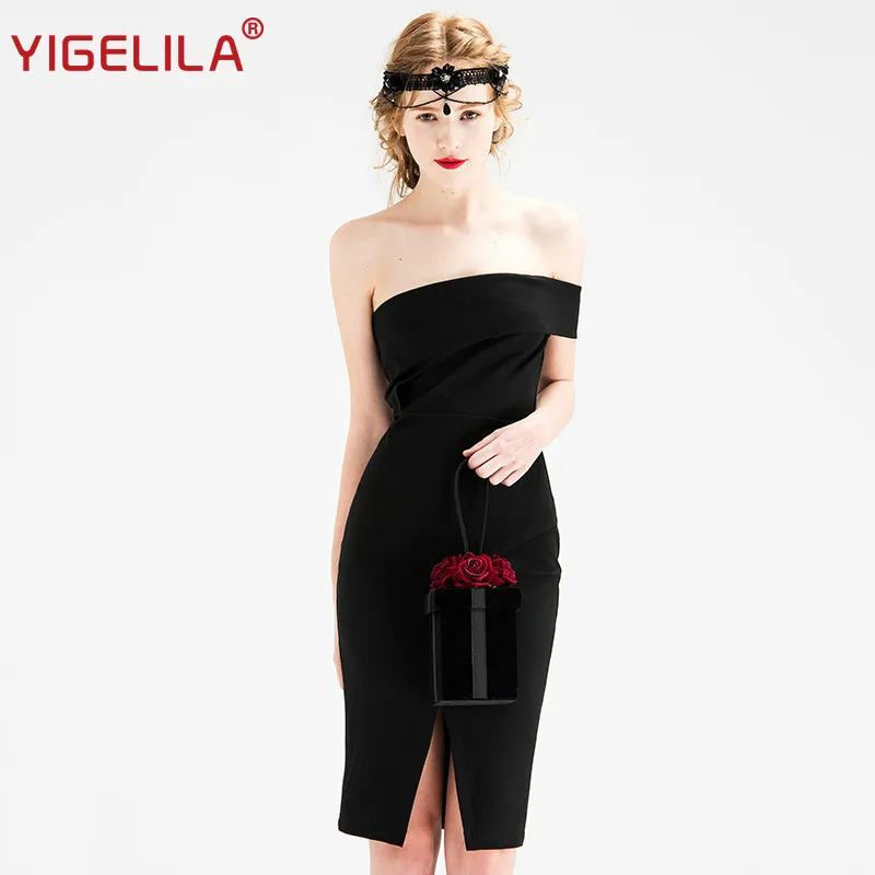 YIGELILA 61369 женское черное платье без бретелек модное однотонное сексуальное с