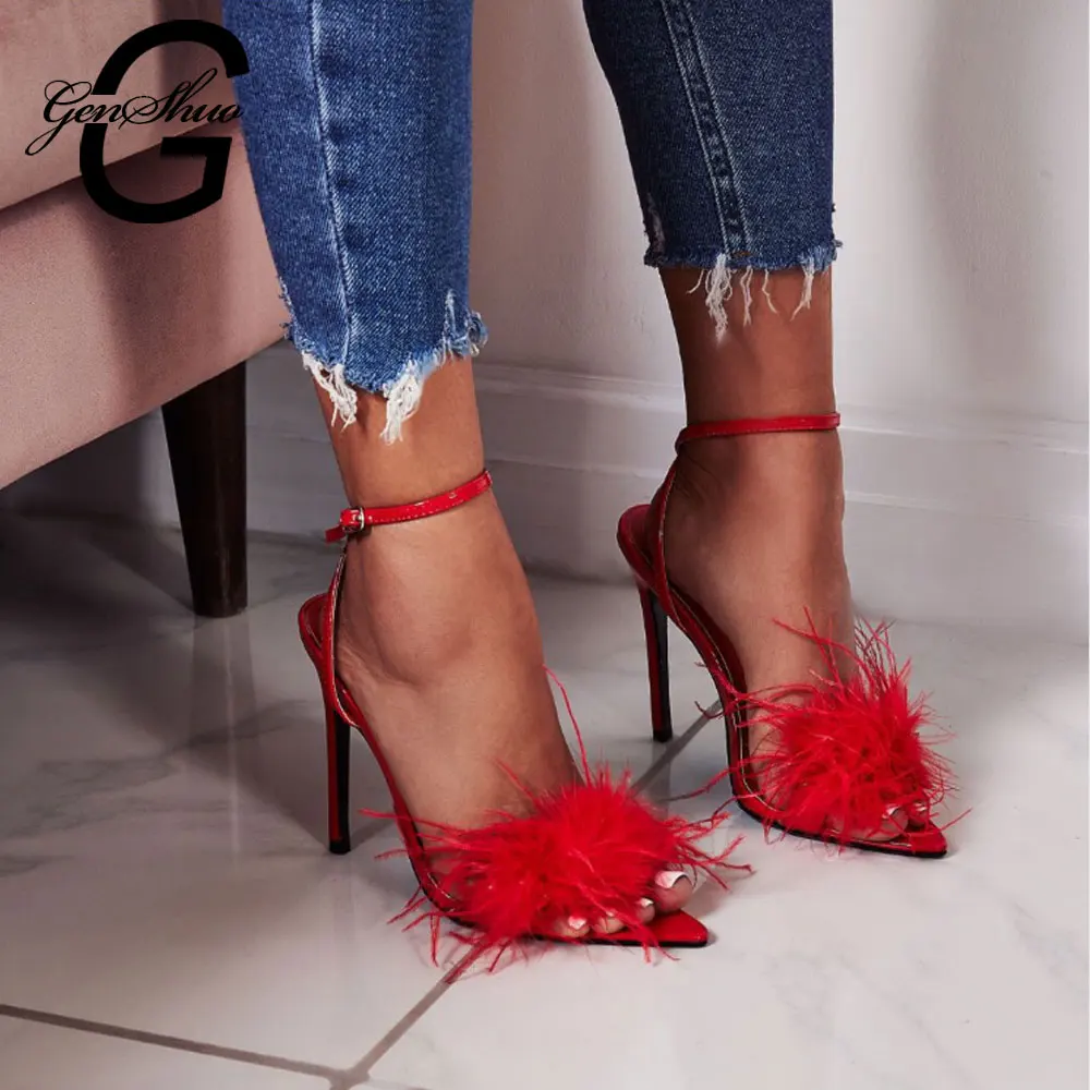 

GENSHUO Thin High Heels Sandalias Sapatos Femininos Open Peep Toe Gladiator Roman Shoes Woman Ankle Strappy Stiletto Black Red