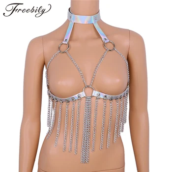 Women's Harness Belts Rainbow PVC Halter Neck Cupless Adjustable Chest Bust Harness Bondage Waist Belt with Metal Chain Tassel
Women's Harness Belts Rainbow PVC Halter Neck Cupless Adjustable Chest Bust Harness Bondage Waist Belt with Metal Chain Tassel