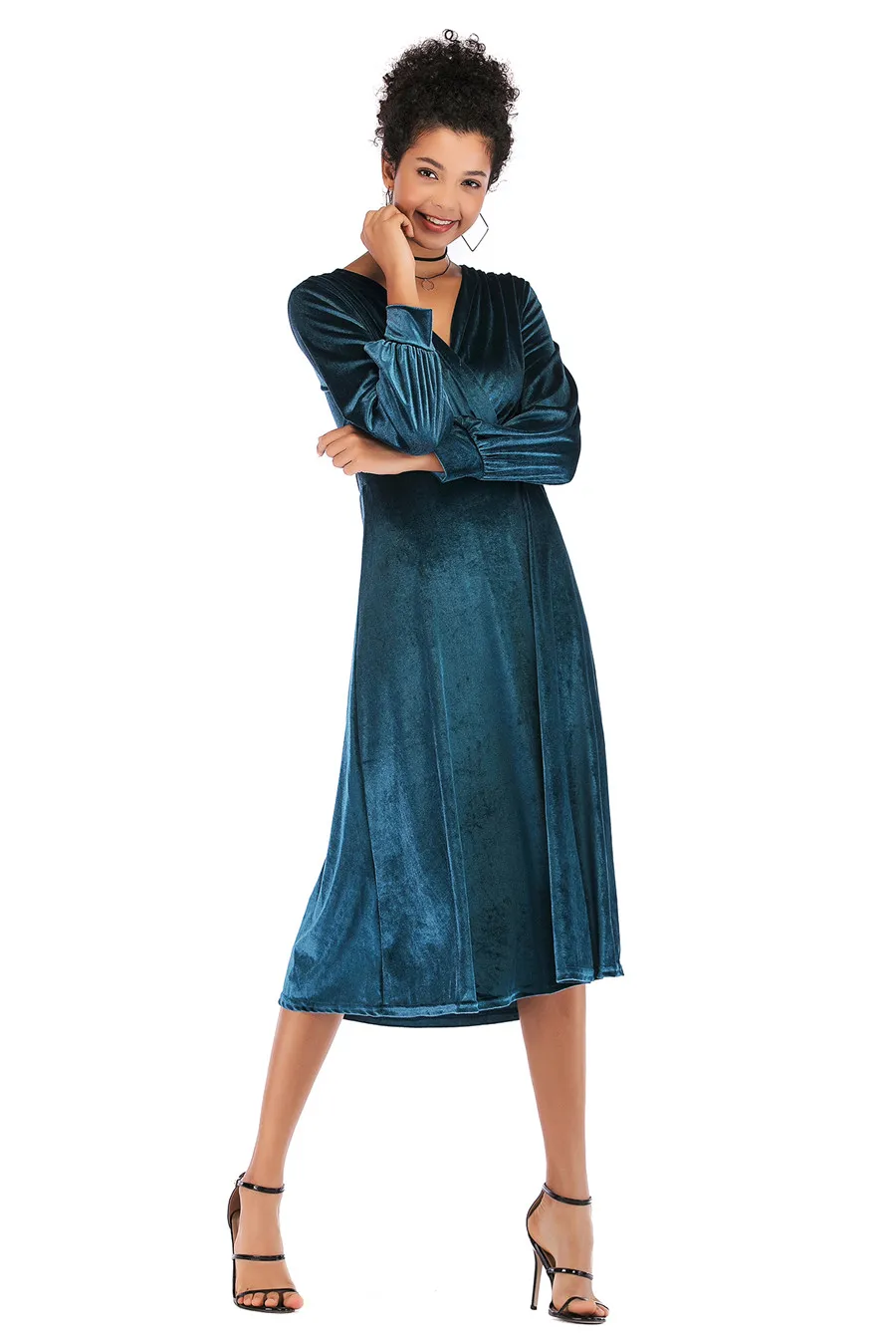 Gladiolus 2018 Autumn Winter Dress Women Long Sleeve V-Neck Tunic Swing Midi Sexy Gold Velvet Dress Women Evening Party Dresses (23)