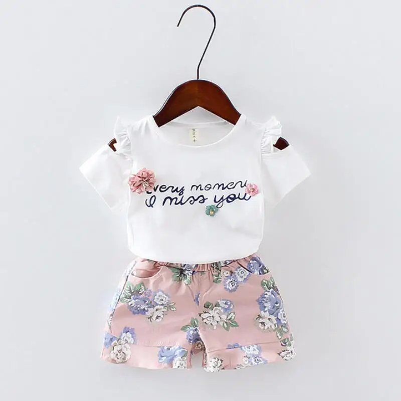 

Baby girls Clothes Floral Printed short sleeve strapless t-shirt+pant 2pcs girl set Kid Outfit Lady suit Princess Child set A293