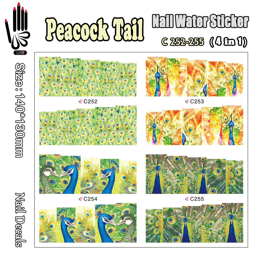 4 Sheets/Lot Nail Decal C252-255 Peacock Tail Nail Art Wrap Water Sticker for Nail Art Accessories(4 DESIGNS IN 1)
4 Sheets/Lot Nail Decal C252-255 Peacock Tail Nail Art Wrap Water Sticker for Nail Art Accessories(4 DESIGNS IN 1)