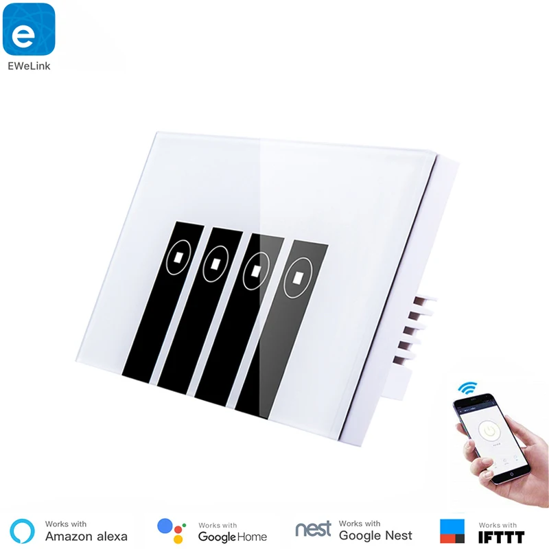 Home Automation US 4 gang Wall Light Switch WiFi For Smart Home eWelink App Control Glass Panel Touch Alexa Echo Compatible
Home Automation US 4 gang Wall Light Switch WiFi For Smart Home eWelink App Control Glass Panel Touch Alexa Echo Compatible