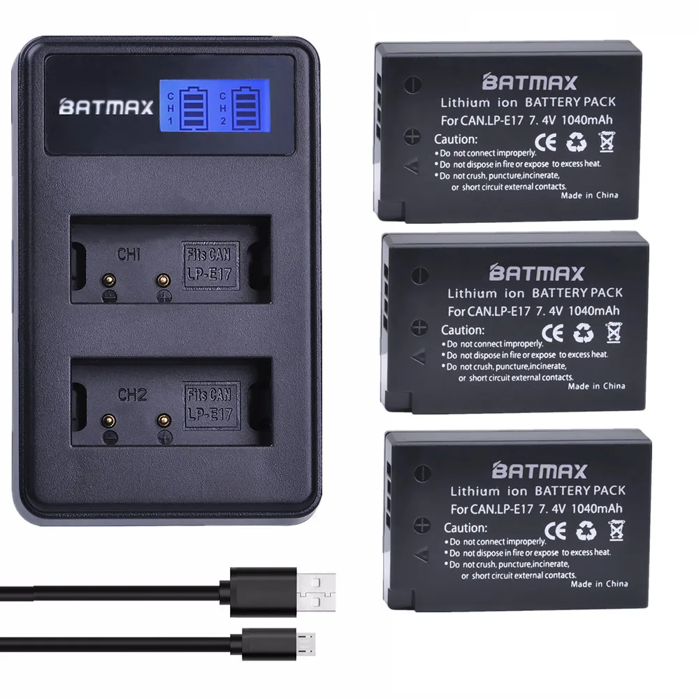 Batmax 3pcs LP-E17 LPE17 LP E17 Camera Battery+LCD Dual USB Charger for Canon EOS T6i 750D T6s 760D 800D M3 M5 8000D Kissx8i
Batmax 3pcs LP-E17 LPE17 LP E17 Camera Battery+LCD Dual USB Charger for Canon EOS T6i 750D T6s 760D 800D M3 M5 8000D Kissx8i