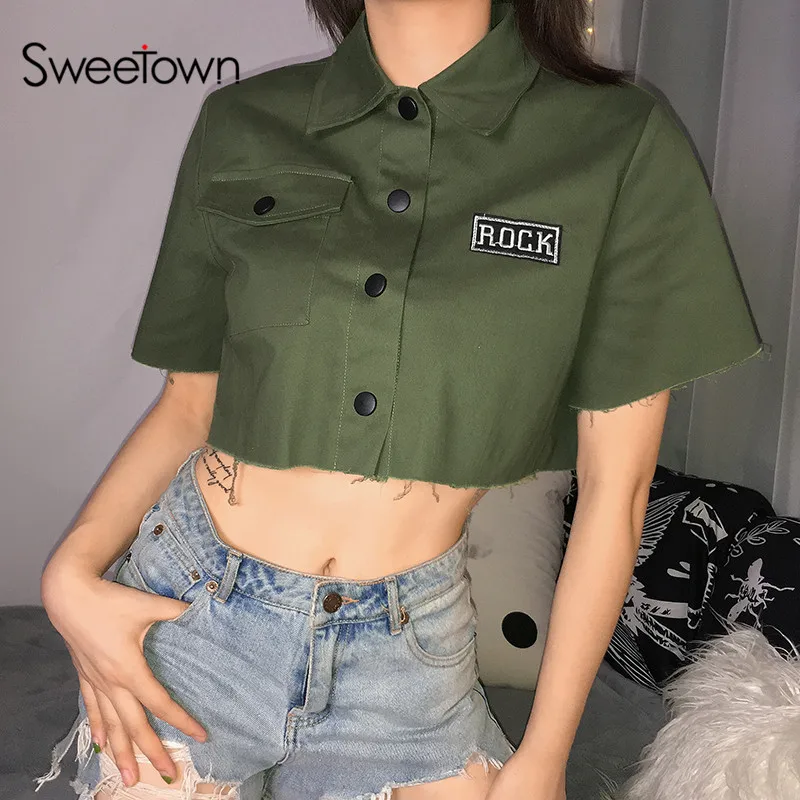 Sweetown Army Crop Jacket Women Short Sleeve Turn-Down Collar Wide-Waisted Womens Jackets And Coats 2019 Streetwear Harajuku
Sweetown Army Crop Jacket Women Short Sleeve Turn-Down Collar Wide-Waisted Womens Jackets And Coats 2019 Streetwear Harajuku