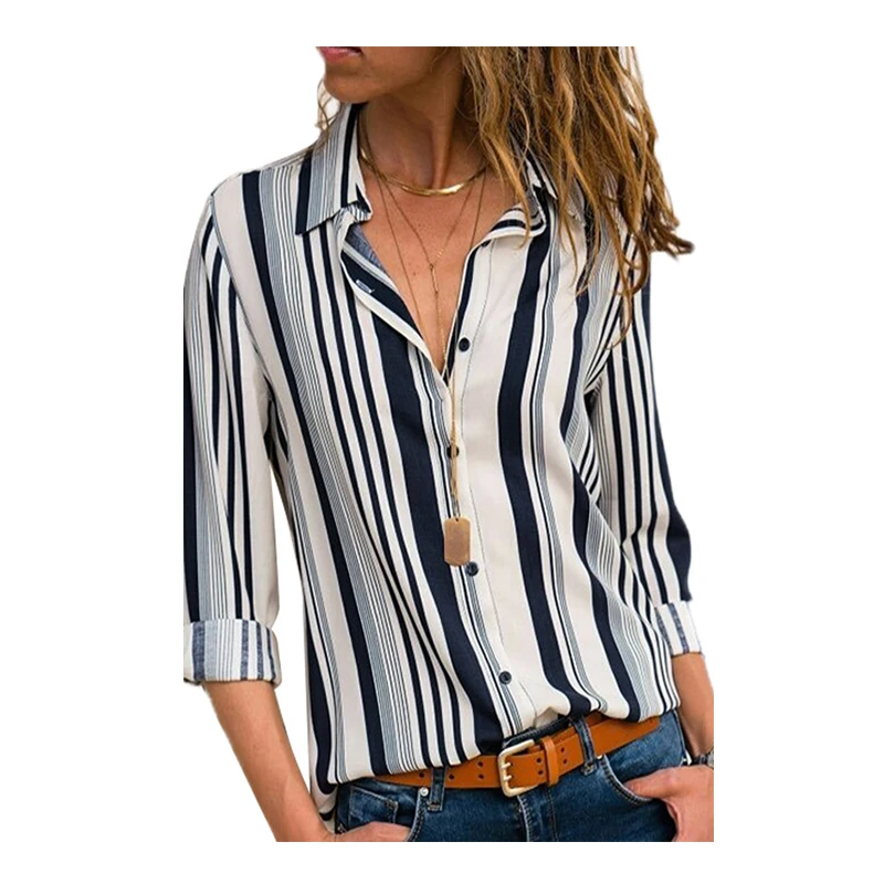 

New Fashion Blouses Women Autumn Double Pinstripe Color Block Relaxed Casual Boyfriend Shirt Long Sleeve Shirts Striped Workwear