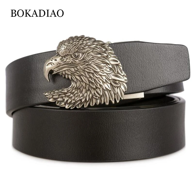 

BOKADIAO Men Genuine Leather Belt Metal Eagle Automatic Buckle Black Cowskin Waistband Luxury Brand Designer Belts for Men Strap