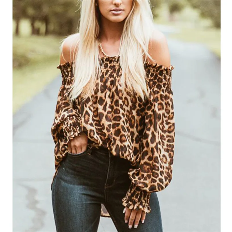 2019 Модные женские рубашки с открытыми плечами и леопардовым принтом женская