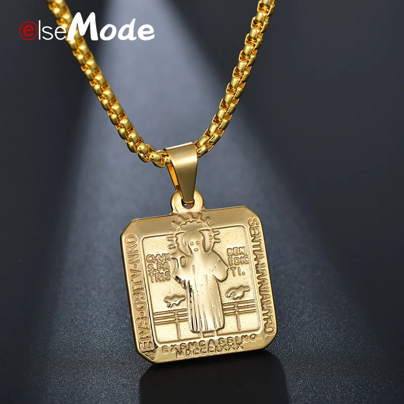 ELSEMODE Saint Benedict of Nursia Catholic Square Necklace Gold Steel 316L Stainless Pendant Necklaces for Men Women | Украшения и
