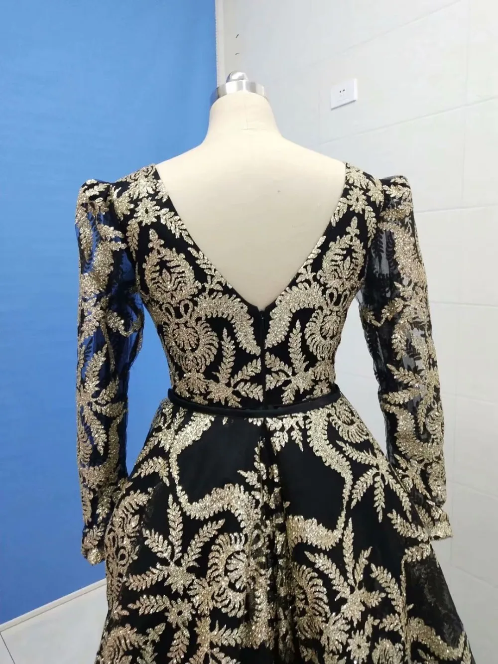 A-line V neck glitter black gold plus size prom dress