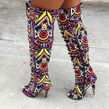 Women Summer Shoes 2018 Multi Folk Printing Thigh High Boots Mixed Colors Lace Up Ladies Peep Toe Over The Knee Long Boots
Women Summer Shoes 2018 Multi Folk Printing Thigh High Boots Mixed Colors Lace Up Ladies Peep Toe Over The Knee Long Boots