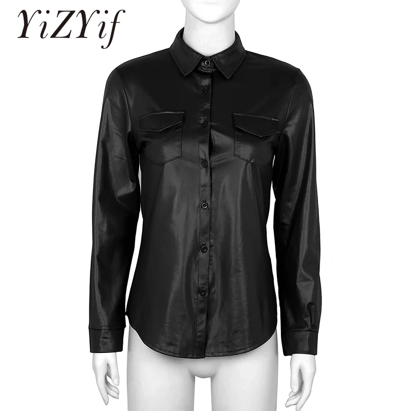 YiZYiF Womens Sexy Shiny Metallic Shirt Clubwear PU Leather Long Sleeves Pocket Button Down Nightclub Styles Blouse Shirt Top
YiZYiF Womens Sexy Shiny Metallic Shirt Clubwear PU Leather Long Sleeves Pocket Button Down Nightclub Styles Blouse Shirt Top