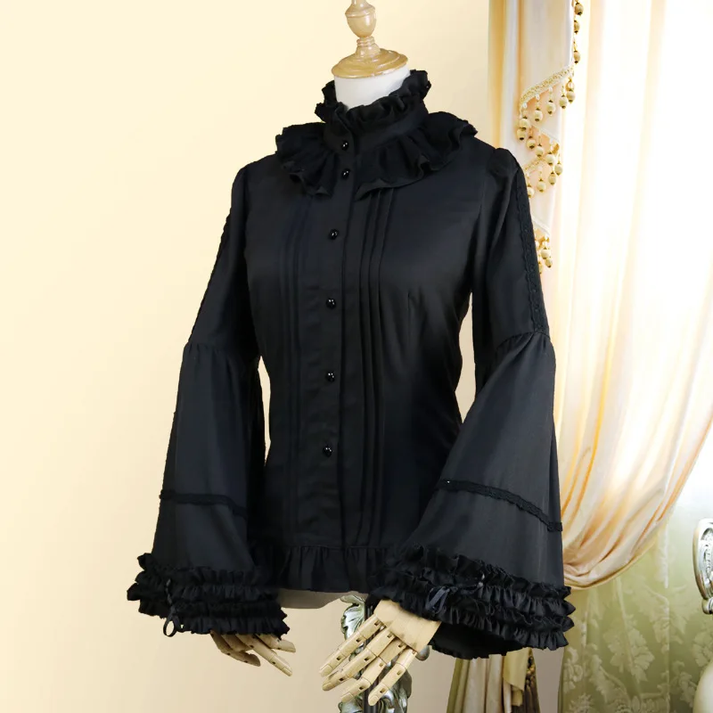 Stand Collar Flare Sleeve Women Victorian Gothic Shirt Black Chiffon Lace Ruffles Vintage Lolita Blouse Used in Matching Corset
Stand Collar Flare Sleeve Women Victorian Gothic Shirt Black Chiffon Lace Ruffles Vintage Lolita Blouse Used in Matching Corset