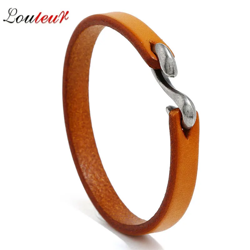LOULEUR Simple Men Vintage Genuine Leather Bracelets Clasp For Bracelet Bangles Male Jewelry 21cm | Украшения и аксессуары