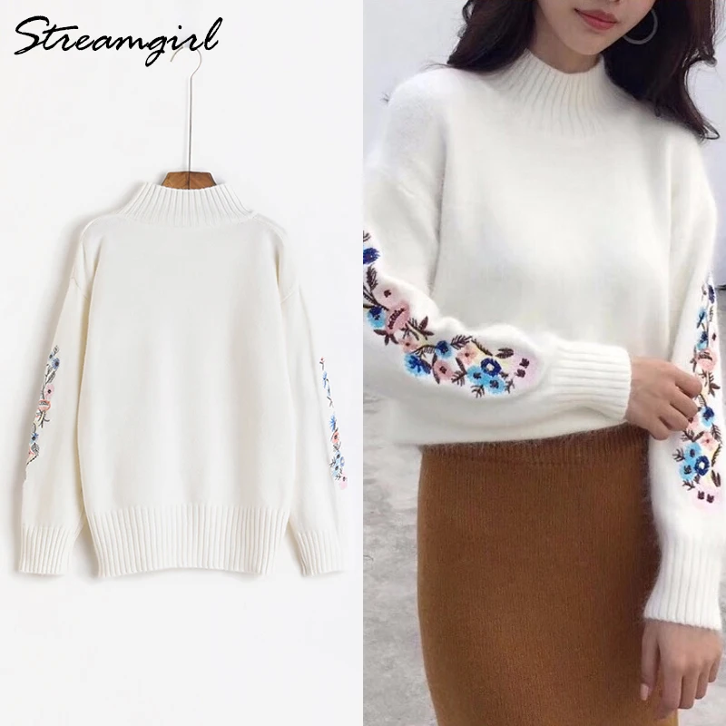 Winter Woman Sweater Knitting Pullovers Warm White Yellow Sweater With Embroidery Women's Turtleneck Women Pull Femme Hiver 2018
Winter Woman Sweater Knitting Pullovers Warm White Yellow Sweater With Embroidery Women's Turtleneck Women Pull Femme Hiver 2018