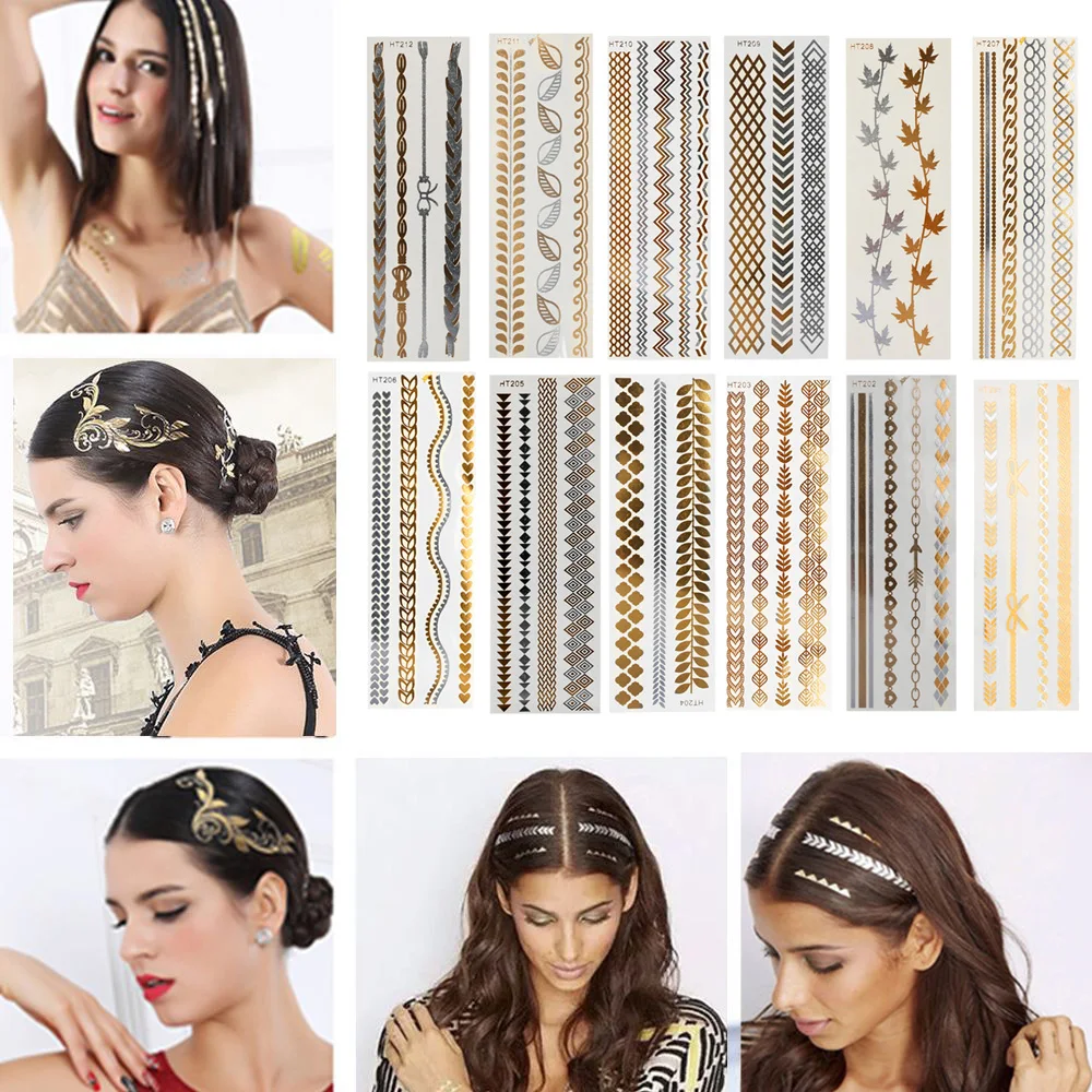 1 pcs Flash Leaf Gold Temporary Hair Tattoo Fashion Women Hair Wrist Body Art Jewelry Tattoo Sticker Design Hair Styling Tools
1 pcs Flash Leaf Gold Temporary Hair Tattoo Fashion Women Hair Wrist Body Art Jewelry Tattoo Sticker Design Hair Styling Tools
