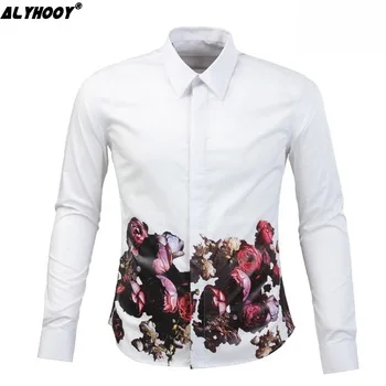 2017 Casual Long Sleeve White & Black Men Shirt Luxury Brand High Quality Fashion Floral Rose Printed Lap Mens Cotton Shirts